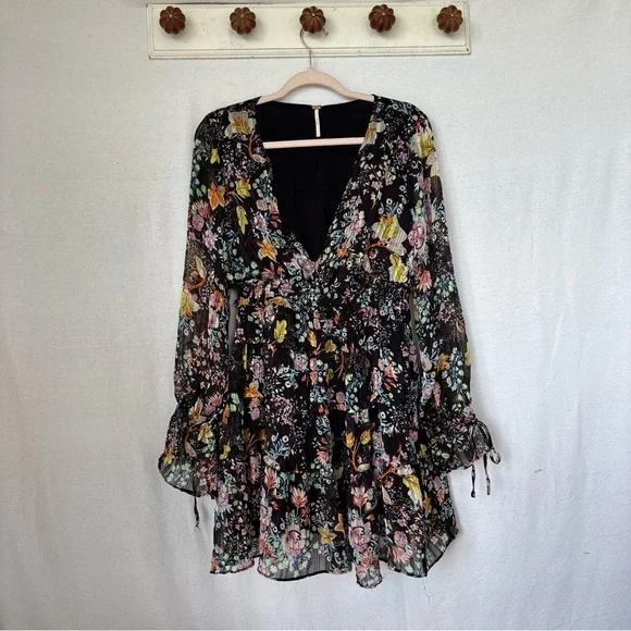 Free People Floral Long Sleeve Dress - Black and Multicolor - Picture 1 of 6